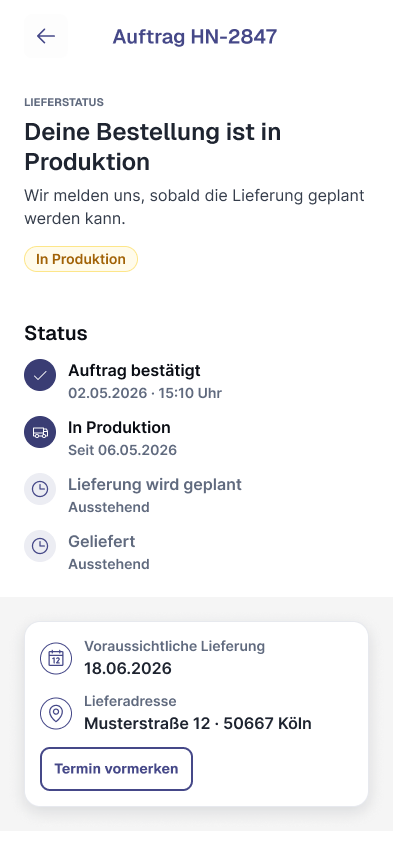 Order delivery status with progress and planned delivery date