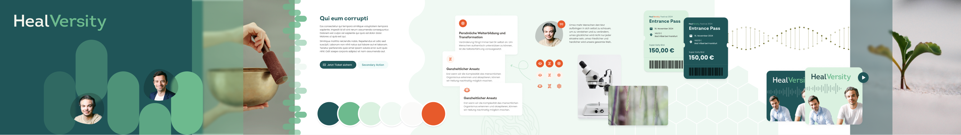 HealVersity stylescape with teal and green colours, typography, imagery and initial module ideas