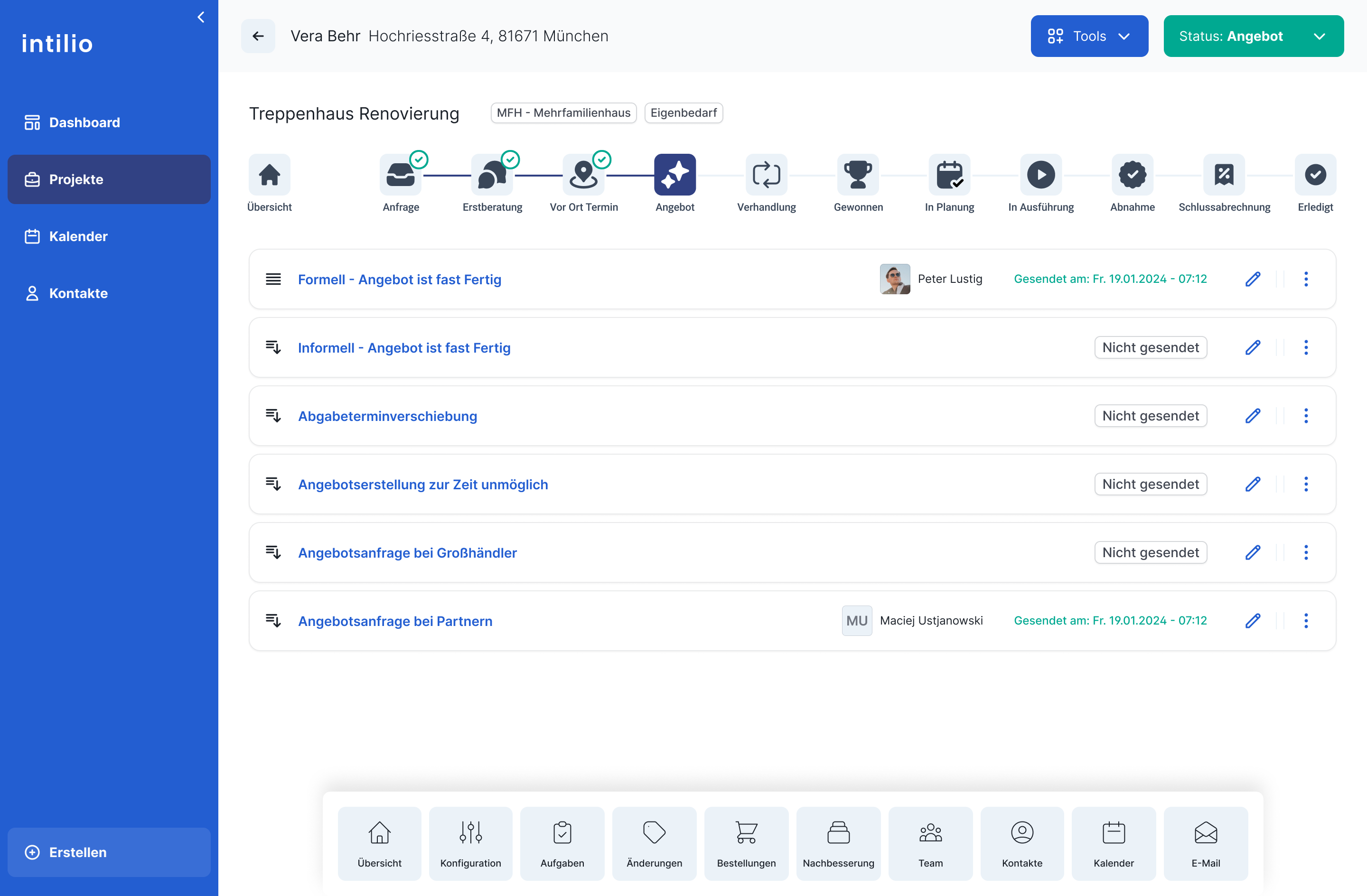 Email templates in the proposal phase with relevant message types and visible sending status