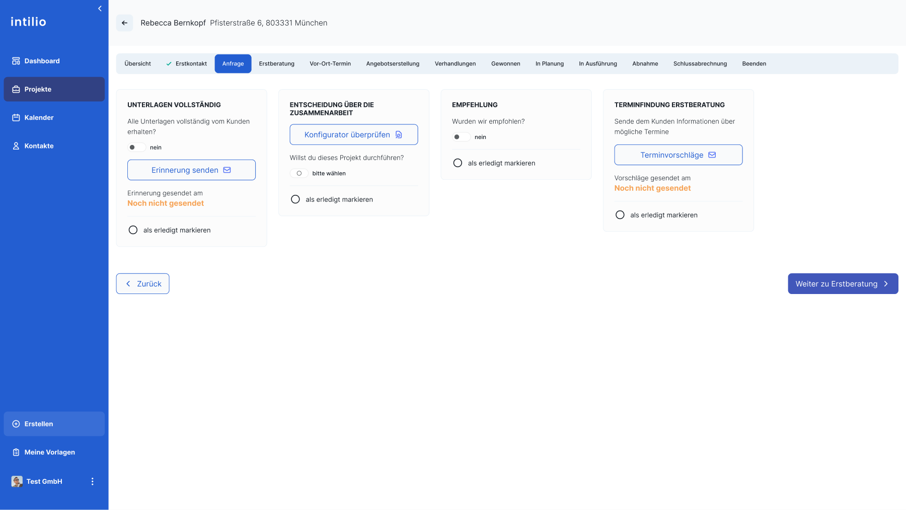 Enquiry phase with tasks for document completeness, collaboration decisions, recommendations and scheduling