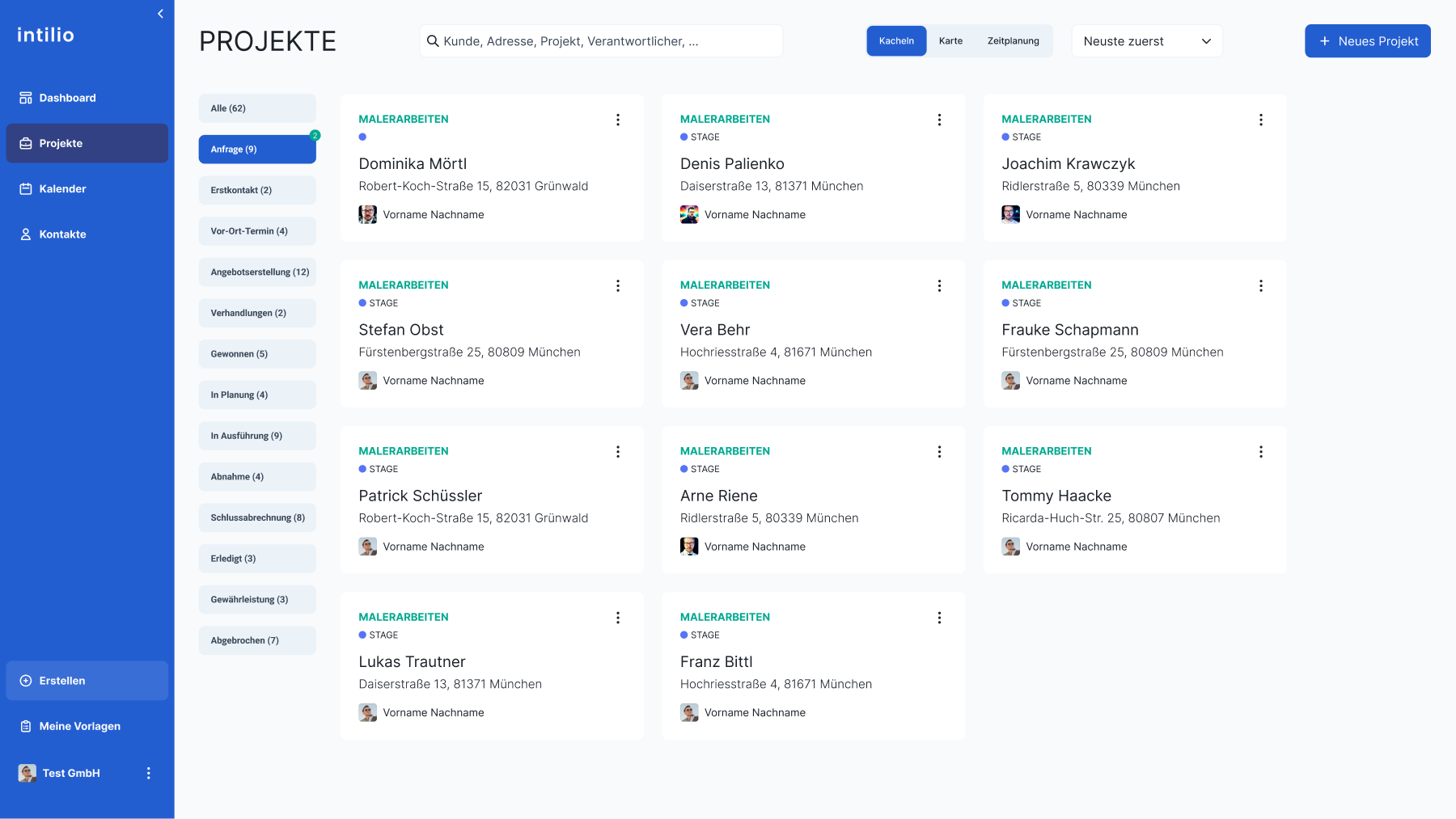 intilio project overview with search, phase filters and consistently structured project cards