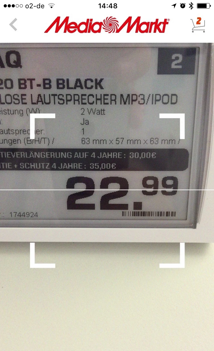 Test version of the barcode scanner with a viewfinder over a price label