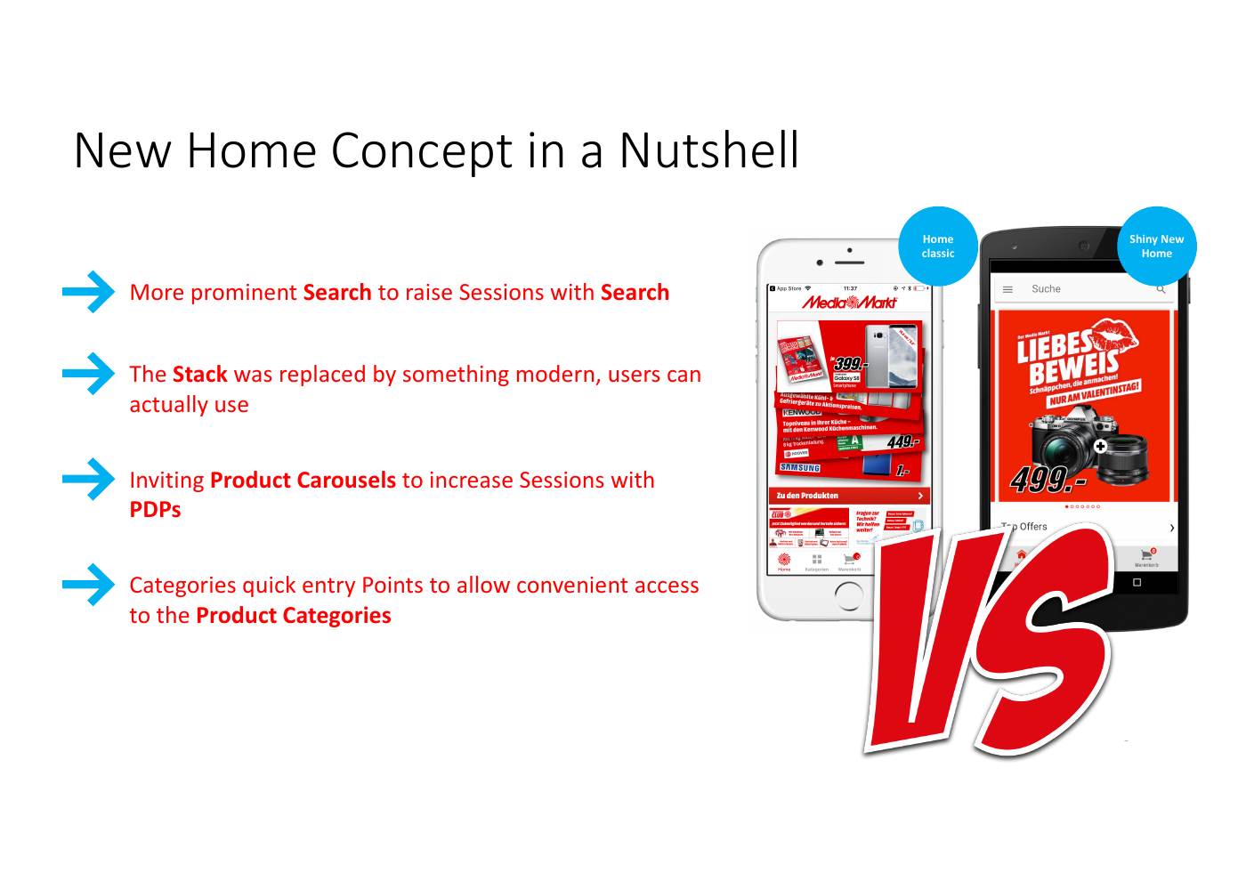 Originalfolie mit dem alten und neuen App-Home-Konzept sowie den Zielen für Suche, Produktkarussells und Kategorien