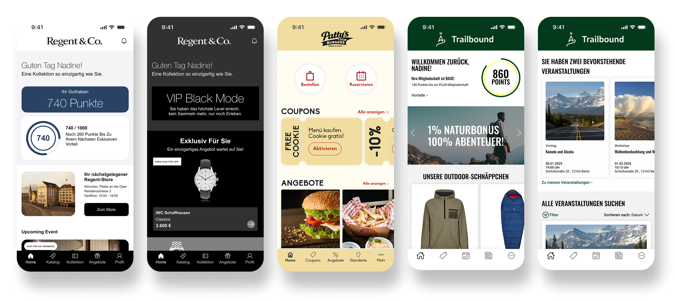 Five detailed mobile views: points overview, VIP membership, coupons, outdoor offers and events