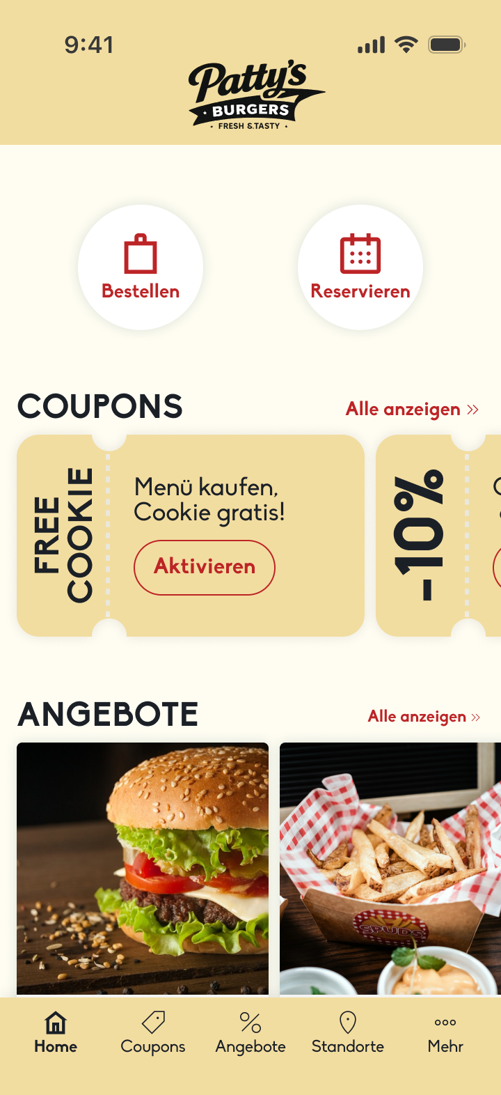 Restaurant concept with direct order and reservation entry points and coupons to activate