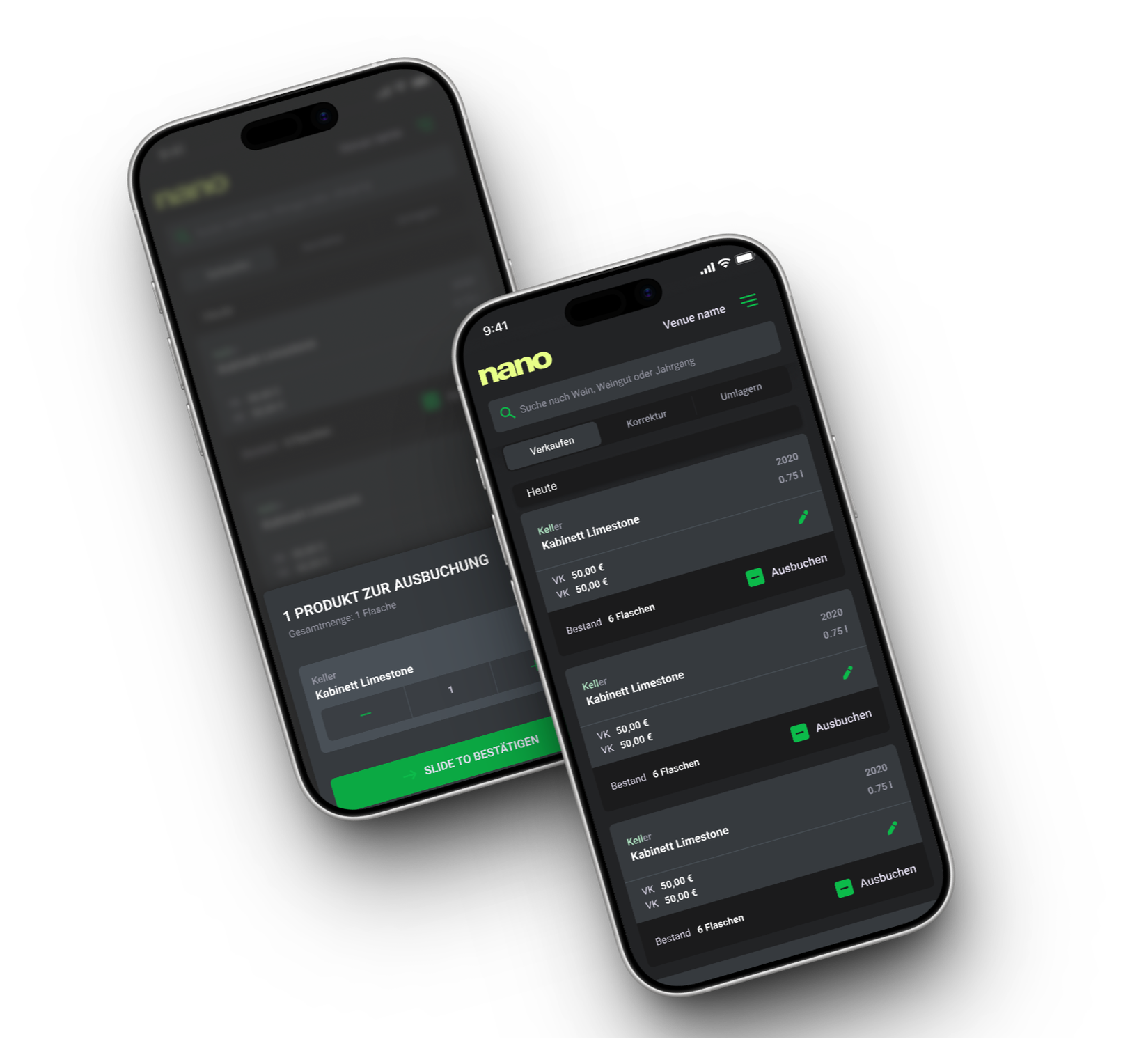 Two Nano views: product overview and quantity confirmation for stock removal