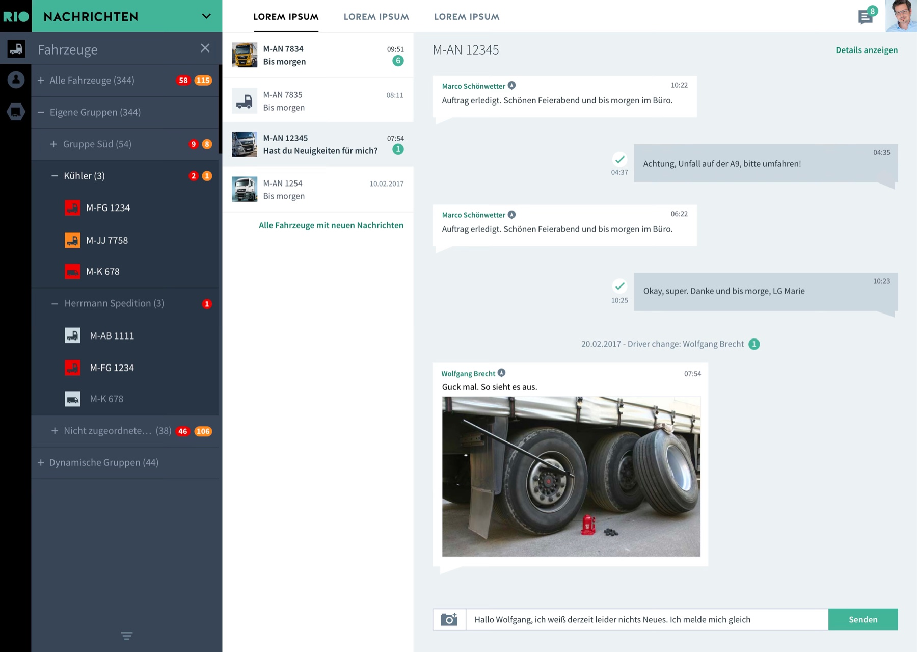 RIO Connect with fleet structure, vehicle conversations and a message thread containing a vehicle photo