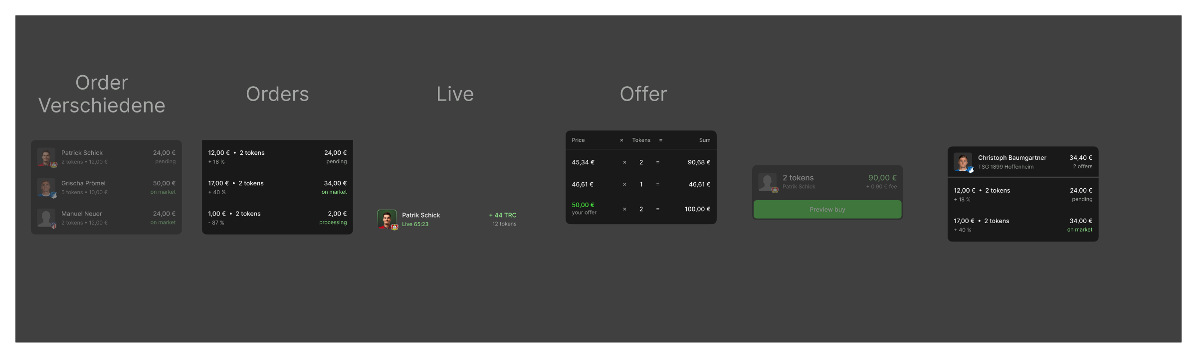 Working overview of list and card patterns for orders, live information and offers