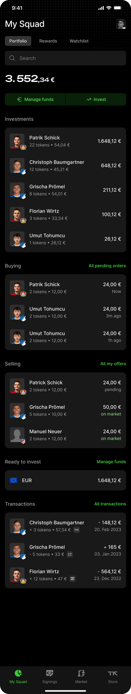 Upper section of My Squad showing balance, player holdings and open orders