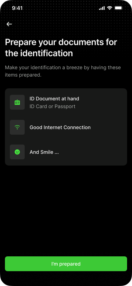 Preparation for identification with an identity document and internet connection