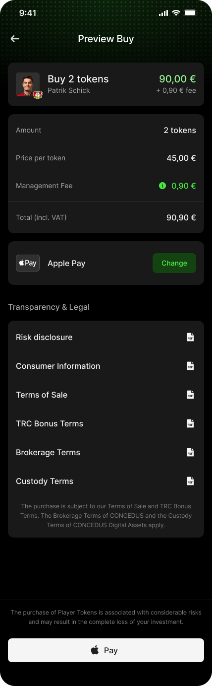 Upper section of the purchase preview showing token quantity, price, fees and payment method