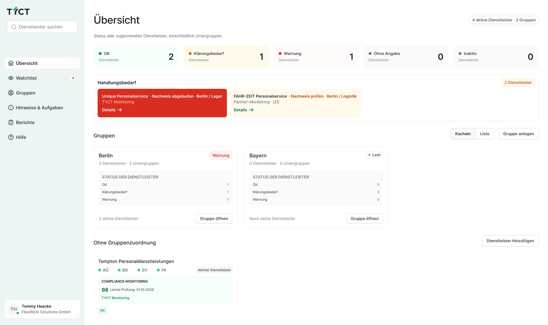 TYCT dashboard with five distinct status categories, specific notices about affected providers and neutral group surfaces