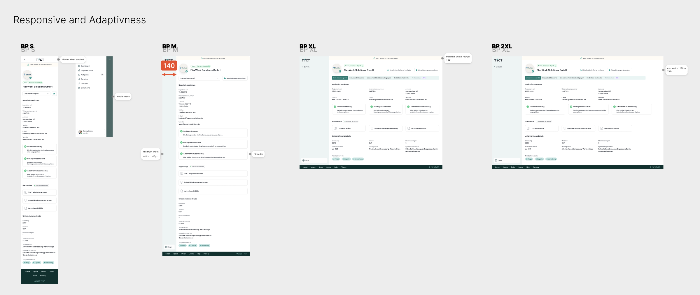 Original responsive specification for a TYCT company profile, with narrow and wide views and notes on navigation and content width