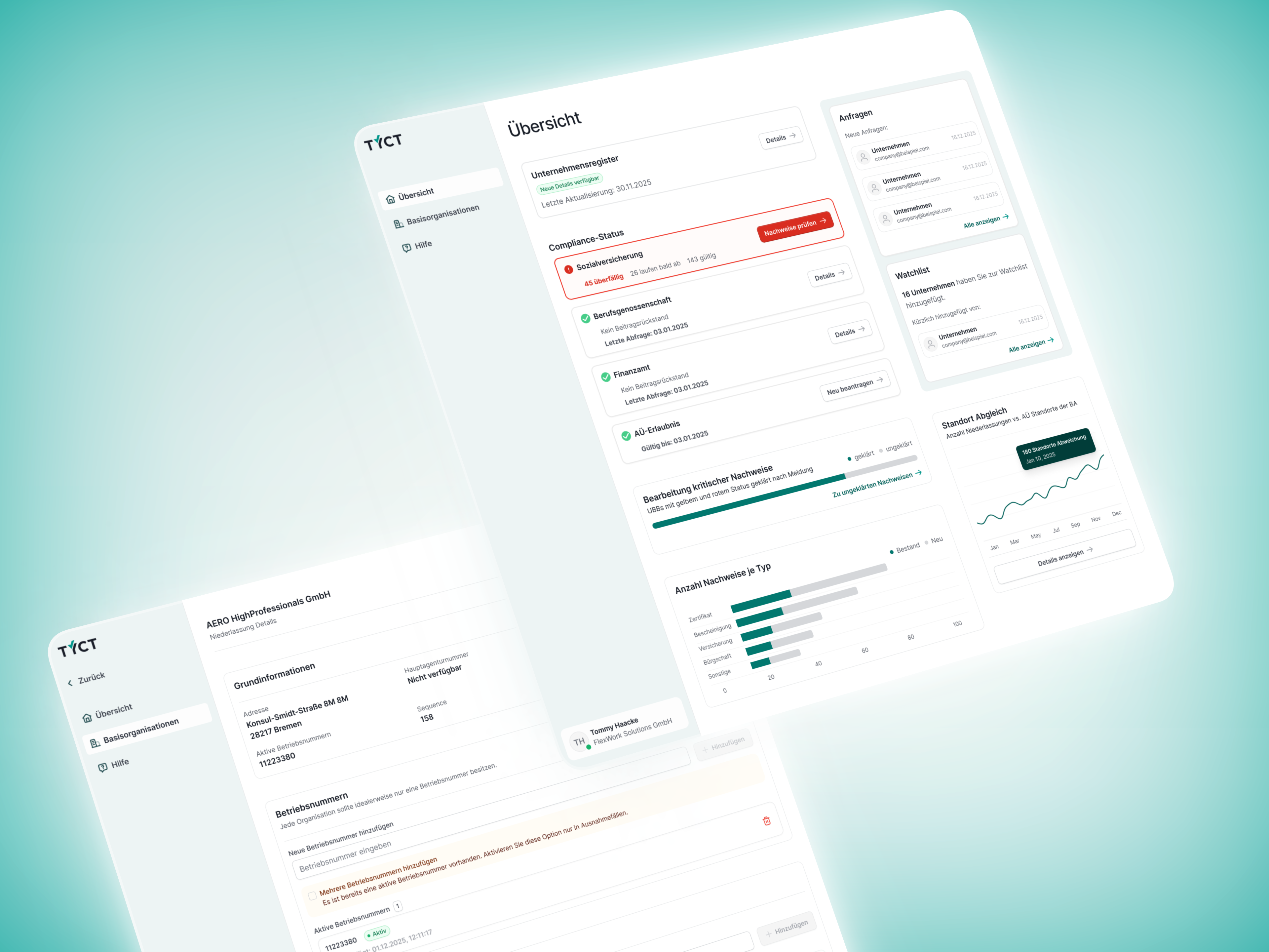 Composition of early TYCT interfaces: verification status, documents, requests and a detail view on a turquoise background