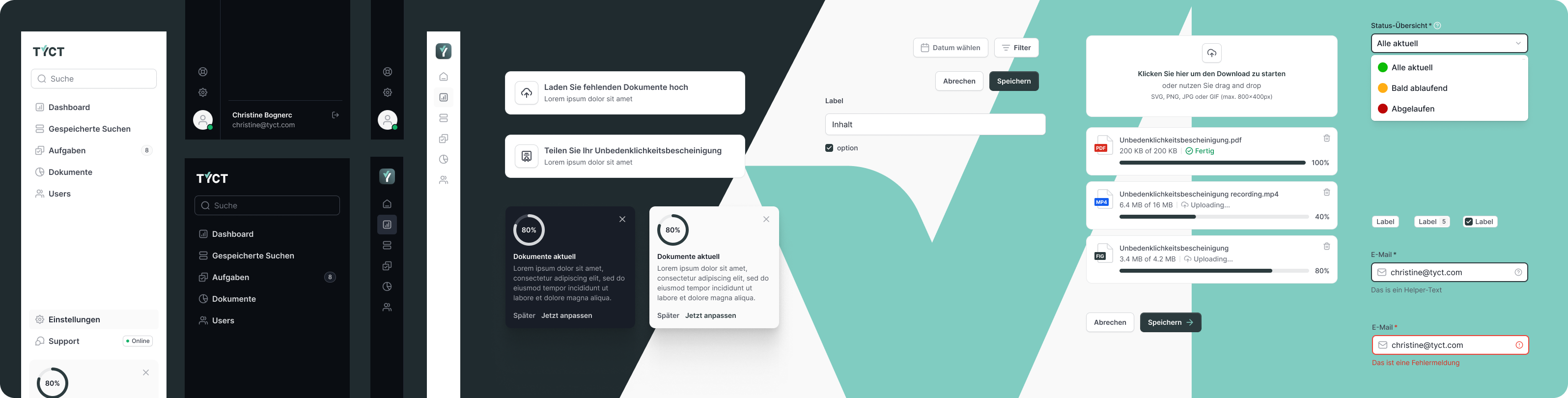 TYCT stylescape with light and dark navigation variants, form concepts, document modules and a turquoise brand area